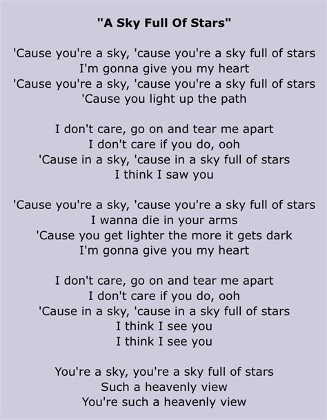 Jul 27, 2023 · Coldplay - A Sky Full Of Stars (Lyrics)Coldplay - A Sky Full Of Stars Get it here: https://smarturl.it/ghststrsFollow Coldplay Website: http://www.coldplay.... 